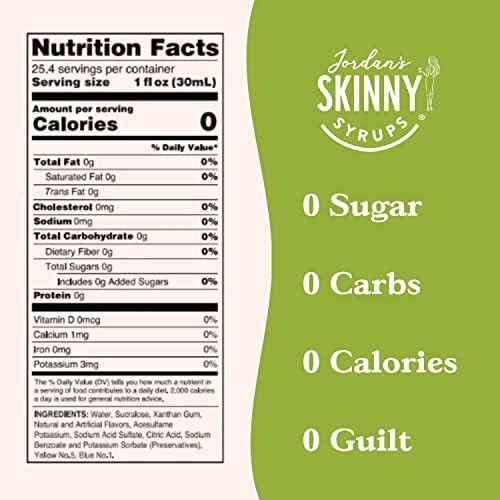 Jordan's Skinny Mixes Syrups Sugar Free Coffee Syrup, Pistachio Flavor Drink Mix, Zero Calorie Flavoring for Chai Latte, Protein Shake, Food & More, Gluten Free, Keto Friendly, 25.4 Fl Oz (Pack of 6)