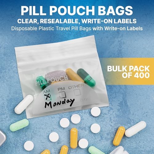 Pill Pouch Bags - (Pack of 400) 3" x 2.75" - BPA-Free, Poly Bag Disposable Zipper Pills Baggies, Daily AM PM Travel Medicine Organizer Storage Pouches, Best Clear Reusable with Write-on Labels