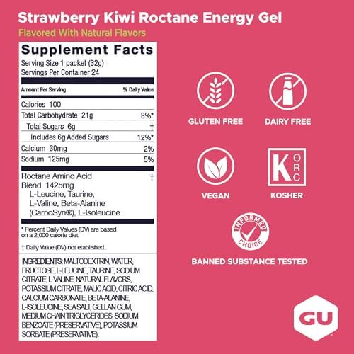 GU Energy Roctane Ultra Endurance Energy Gel, Vegan, Gluten-Free, Kosher, and Dairy-Free On-The-Go Sports Nutrition for Running, Biking, Hiking or Skiing, Strawberry Kiwi (24 Packets)