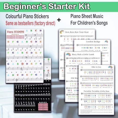 Piano Keyboard Stickers for 88/61/54/49/37 Key, with Piano Sheet Music,Large Letter Piano Key Stickers for Learning, Removable Notes Label for Beginners and Kids,Multicolor