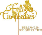 Gold Spanish Feliz Cumpleaños Cake Topper for Birthday Party Decor, Butterfly Happy Birthday Cake Topper, Glitter Spanish Birthday Party Decoration Supplies