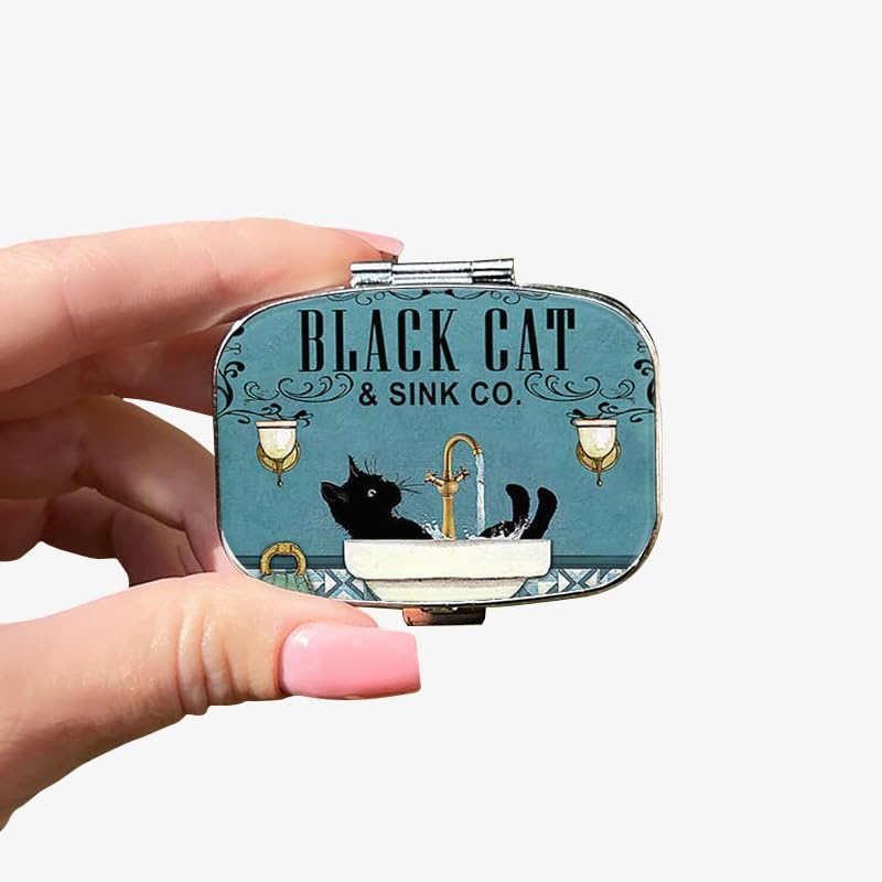 1pc Square Pill Box, Mini 2 Compartment Medicine Pill Organizer, Household Portable Medicine Storage Box, Vitamins Fish Oil for Pockets Purses Travel Unique Gift (Black Cat)