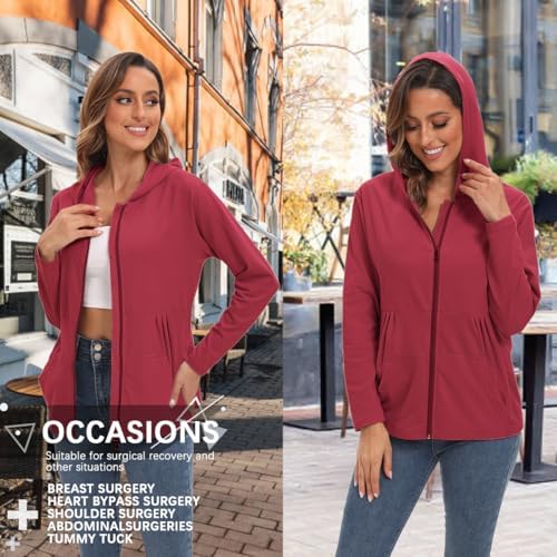 Post Mastectomy Shirts with Drain Pockets Breast Mastectomy Recovery Must Haves Soft Long Sleeve Zip Up Shirts Clothing