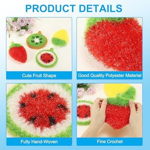 PATIKIL Dish Scrubber, 4 Pcs Non Scratch Cleaning Sponge Hand Crochet Double Layered Durable Dish Cloth Kitchen Sponge for Washing Dishes for Cookware Tubs, Watermelon & Fruit & Strawberry