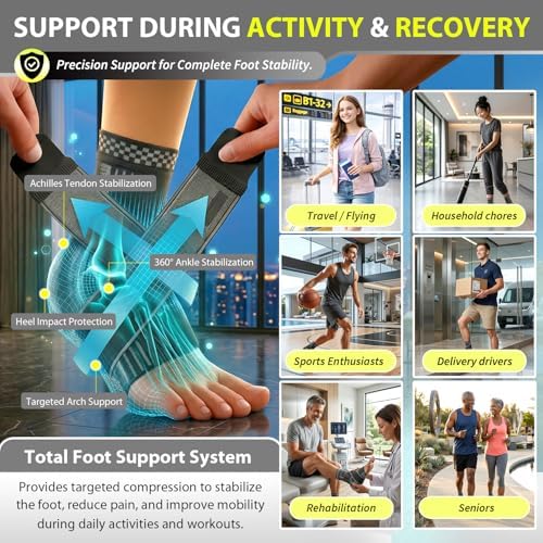 BLITZU Ankle Brace for Women, Men, Plantar Fasciitis Relief, Achilles Tendonitis Brace for Sprained Foot, Ankle Compression Sleeve with Strap Black XL