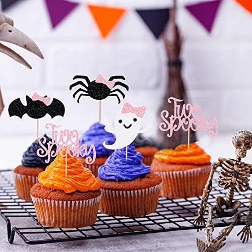 24Pcs Pink Black Two Spooky Cupcake Toppers Halloween 2nd Birthday Cupcake Toppers for Two Spooky Halloween Birthday Cupcake Topper Decor