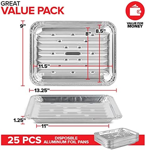 Stock Your Home Disposable Aluminum Foil Broiler Pan for Oven (25 Pack) Sheet Pans for Grilling, Roasting Rack, Trays with Ribbed Surface for BBQ Grill-Like Texture