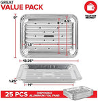 Stock Your Home Disposable Aluminum Foil Broiler Pan for Oven (25 Pack) Sheet Pans for Grilling, Roasting Rack, Trays with Ribbed Surface for BBQ Grill-Like Texture