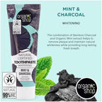 Organic Shop Mint & Charcoal Whitening Toothpaste, Natural Ingredients, Fluoride-Free, Tooth Sensitivity, Vegan & Cosmos Natural Certified. Pack of 2