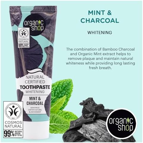 Organic Shop Mint & Charcoal Whitening Toothpaste, Natural Ingredients, Fluoride-Free, Tooth Sensitivity, Vegan & Cosmos Natural Certified. Pack of 2
