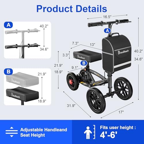 All Terrain Foldable Knee Scooter Walker - Economical Knee Walker for Foot Injuries, Compact Crutches Alternative - Black