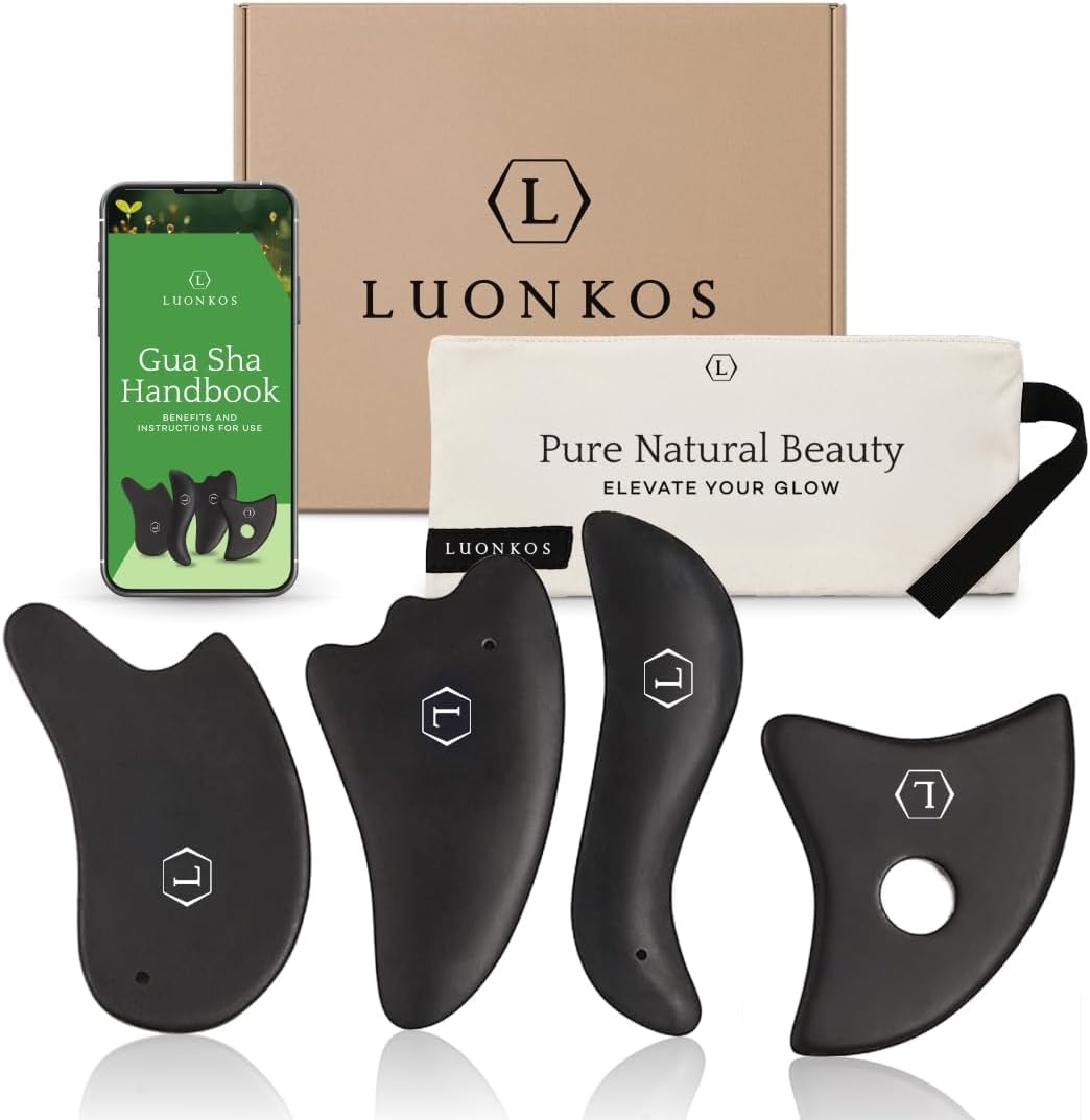LUONKOS Gua Sha Facial Tools - Set of 4 Black - Large Bian Stone Guasha Tool for Face Sculpting - Lymphatic Drainage Massager with Polished Edges Glide Effortlessly for Daily Skincare Routine