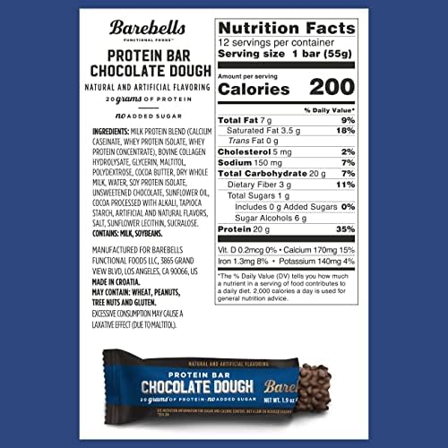 Barebells Protein Bars Chocolate Dough - 12 Count, 20g High Protein Treats - Chocolate Nutrition Bar with 1g Total Sugars - On-The-Go Breakfast or Post-Workout Snack