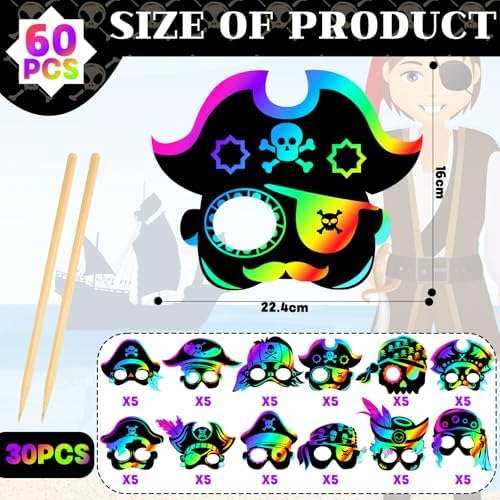 Deekin 60 Pcs Pirate Party Favors Pirate Themed Birthday Party Accessories Supplies Gasparilla Scratch Mask Craft Kit Rainbow Masks Treasure Scratch Crafts Gift Set Decorations