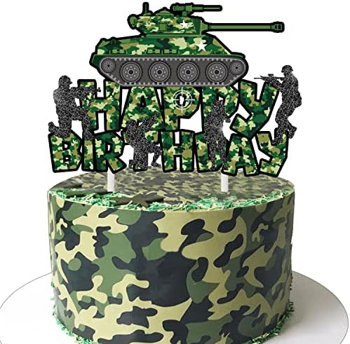 Camoufalge Birthday Party Cake Topper Camo Cupcake Toppers Camo Gree Happy Birthday Cake Decoration for Army Soldier Military Theme Baby Shower Supplies