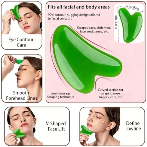 2 Pcs Face Jade Gua Sha Massage Tool-Face Massager Reduces Puffiness-Gua Sha Facial Tools Promotes Blood Flow-Easy to Hold Sculpting Tool-Heart Shape Guasha -Green