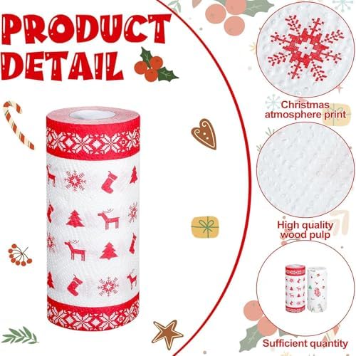 Hemoton Christmas Kitchen Paper Towels: 4 Rolls of Disposable Cleaning Towels Xmas Kitchen Tissue Highly Absorbent Hand Fried Food Paper for Resturant