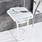 White Shower Seat with Leg, Wall Mount Folding Bathroom Stool Fold Up Changing Shoes Stool Bath Chair for Adults Elderly Disabled, Max 200kg