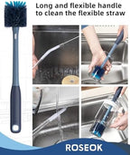 ROSEOK 2in1 Bottle Scrubbing Brush with Straw Brush has Long and Comfortable Handle, Cleaning Glass, Sports Bottle, Coffee Mug,1 Pack, Grayish Blue