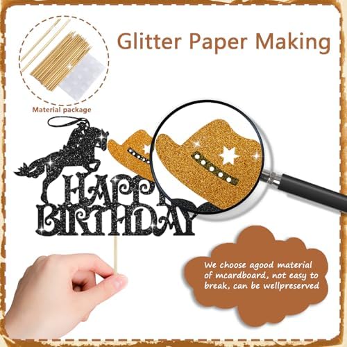 37 Pcs Cowboy Happy Birthday Cake Toppers -Western Birthday Decorations Signs Cupcake Toppers Party Decorations, Glitter Cowboy Themed Party Supplies Decor for Kids, Boys, Girls, Baby Showers
