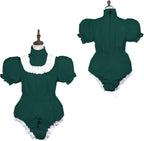Bodysuit Shiny PVC Short Sleeve Maid Costume Vinyl Maid Dress Lockable Jumpsit Plus Size,Dark Green,L
