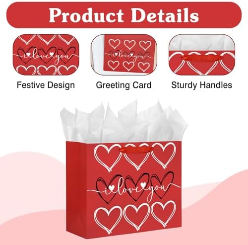 DaiUni 13" Large Valentine Gift Bag with Tissue Paper for Valentines Day(i love you)