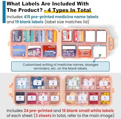3 Pack 14 Grids Travel Pill Organizer Box with 415-Pcs Medicine Name Labels - Pocket Daily Pharmacy Case Container Kit - Travel Medication Holder Dispenser for Fish Oil Vitamin Supplement Storage