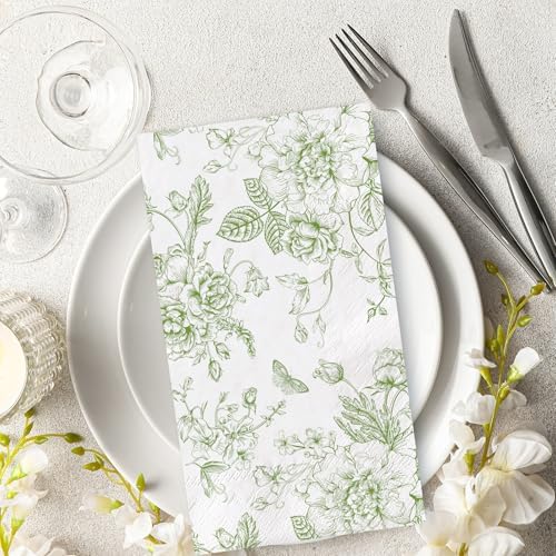 100 Pcs Floral Guest Napkins Disposable Green Wildflower Paper Napkins Green Flower Dinner Hand Towels for Bathroom Party Supplies Table Decorations