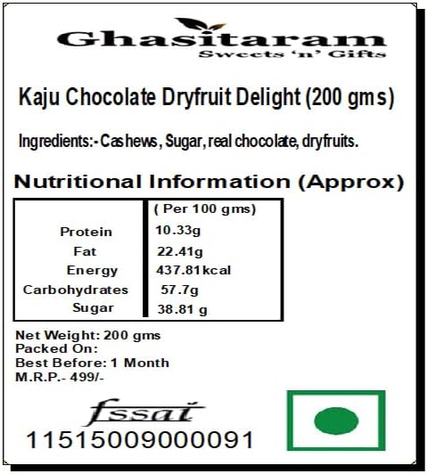 Ghasitaram Gifts Indian Sweets - Ghasitaram Kaju Chocolate Dryfruit Delight 200 GMS