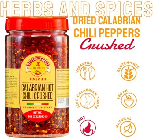 TUTTOCALABRIA Calabrian Crushed Chili Dry Pepper Flakes, Large Shaker, Product of Italy, 250 gm (8.81 oz) All Natural, Non-GMO, Product of Italy