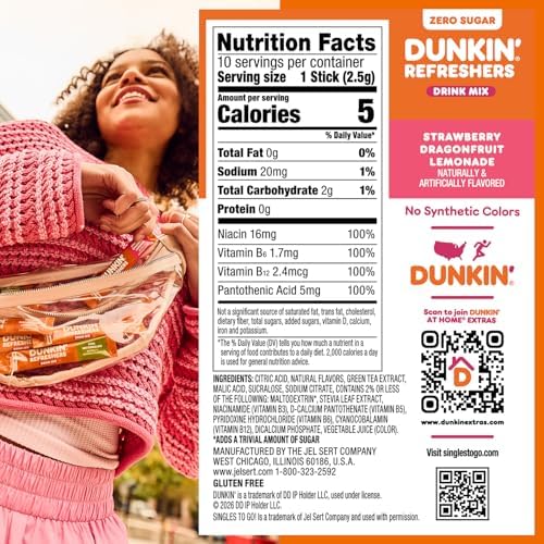 Dunkin’ Zero Sugar Refreshers Singles To Go! Powdered drink mix packets, Strawberry Dragonfruit Lemonade, 10 packets per box , Energy from Green Tea, aspartame-free, no synthetic colors, naturally and artificially flavored, just add water