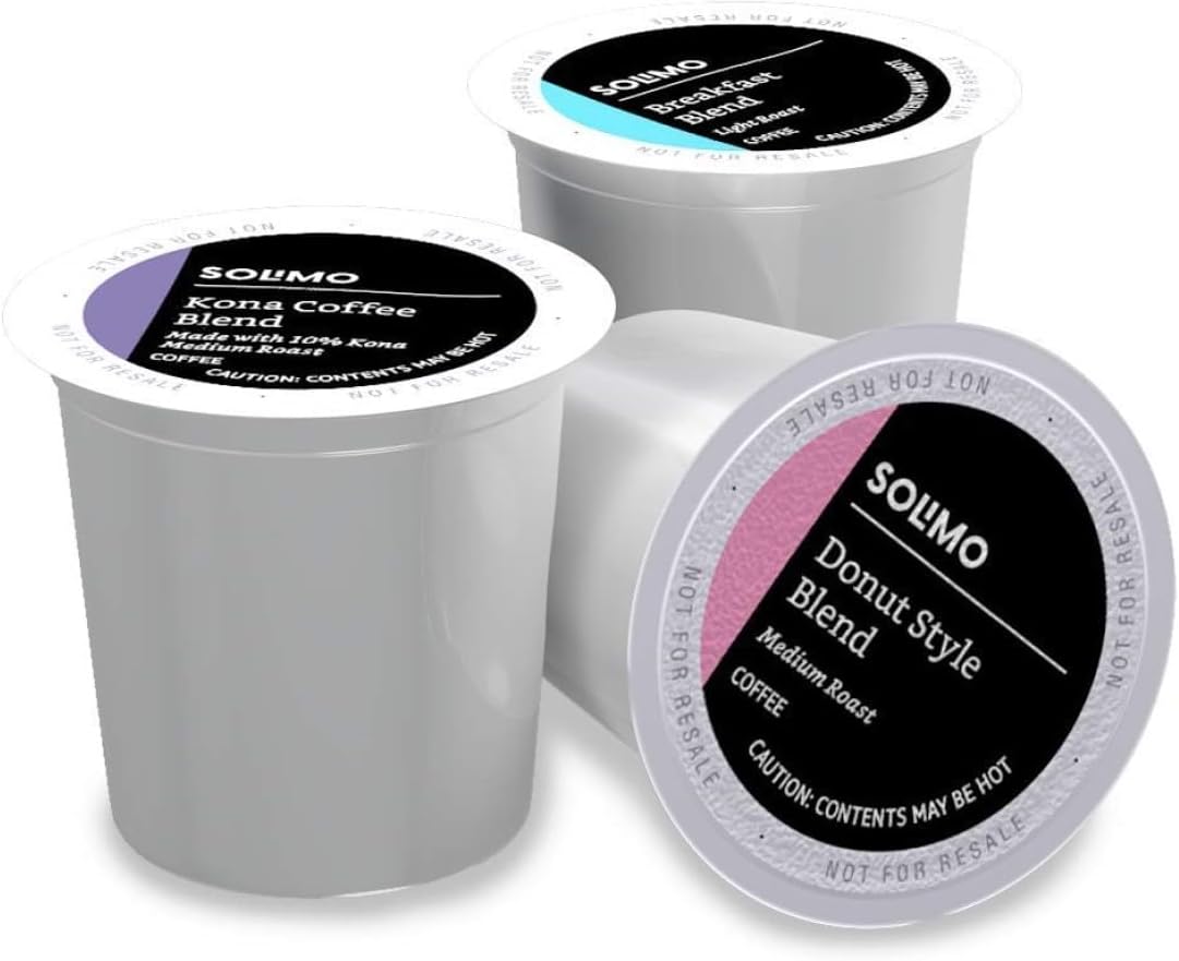 Amazon Brand - Solimo Variety Pack Light and Medium Roast Coffee Pods (Kona, Breakfast, Donut), Compatible with Keurig 2.0 K-Cup Brewers, 100 Count