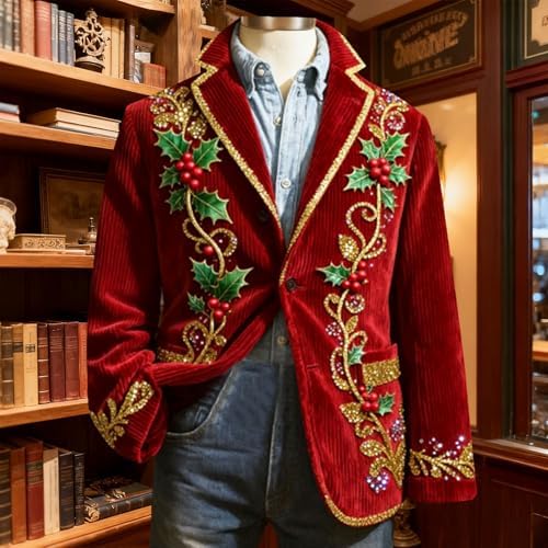 Men's Christmas Blazer Corduroy Xmas Print Holiday Party Jacket Slim Fit Fashion Casual Sport Coat Winter Colthes