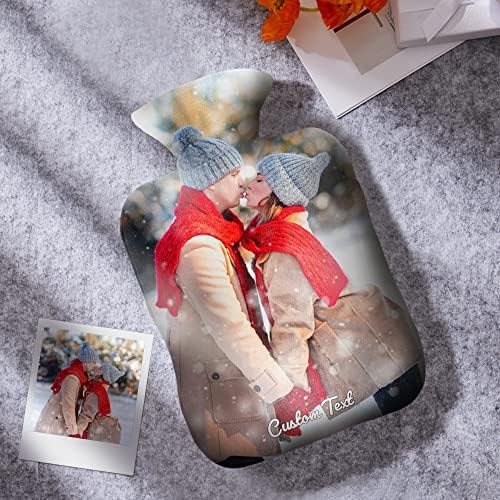 Personalized Hot Water Bottle with Cover Custom Photo and Text Warm Fleece Rubber Picture Hot Water Bottle Chrstmas Unique Winter Gift for Women Girls Kids Couples