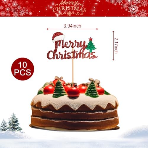 Christmas Cake Topper Merry Christmas Cupcake Toppers Xmas Holiday Cake Toppers Festive Decorative Cake Accessories Party Cake Decoration for Christmas 10pcs