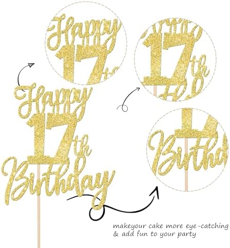1 PCS Happy 17th Birthday Cake Topper Glitter Cheers to 17 Years Birthday Cake Pick Seventeen Hello 17 Cake Decoration for Happy 17th Birthday Anniversary Theme Party Decorations Supplies Gold