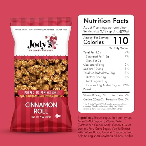 Jody’s Popcorn 2 Pack Bundle – Cinnamon Roll & English Toffee Gourmet Flavors – Sweet Crunchy Handcrafted Snacks – Non-GMO – 2 x 7oz Bags – Unique Treats Perfect for Sharing Gifting or Movie Night