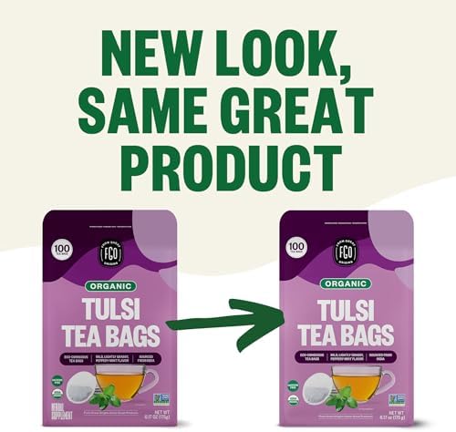 FGO Organic Tulsi Holy Basil Tea, 100 Count, Eco-Conscious Herbal Tea Bags, Resealable Bag, Caffeine Free, Packaging May Vary (Pack of 1)