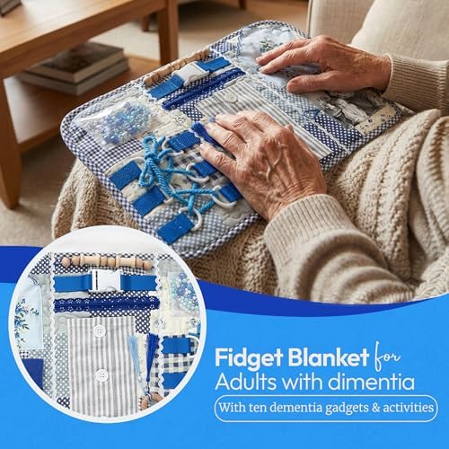 Fidget Blanket for Adults with Dementia w/Ten Dementia Gadgets & Activities, Best Gifts for Dementia Patients, 20 X 12 in, Blue Busy Blanket for Dementia Patients, Dementia Activities for Seniors