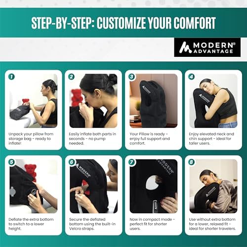 Modern Advantage Inflatable Travel Pillow for Airplanes with Adjustable Extra Bottom, Support Head & Chin to Avoid Neck & Shoulder Pain, for Travelling, Office Napping with Eye Mask & Earplug