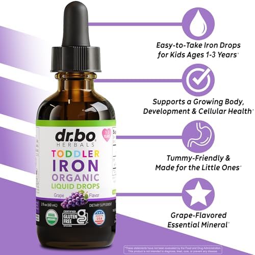 Iron Supplement for Toddlers & Kids - Organic Liquid Iron Drops for Kids, Toddler, Baby, Infant, Toddlers Supplements Ages 1-3 - Organic Vegan Toddler Liquid Drops Supplement, Gluten Free, Non-GMO 2oz