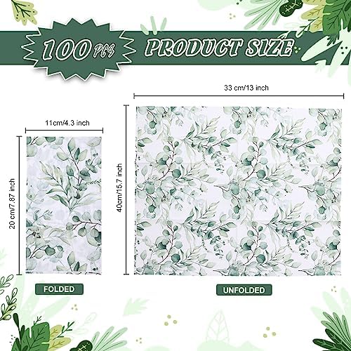 100Pcs Disposable Greenery Guest Napkins Paper Disposable Hand Towels Green Leaves Decorative Paper Dinner Hand Napkin for Bathroom Baby Shower Party Supplies Table Decor