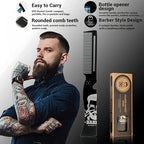 Men's Metal Folding Pocket Beard & Mustache Comb, EDC Knife Comb with Bottle Opener for Outdool Travel - Anti-Static for Hair Styling Pompadour, Slicked-back, Fauxhawk, Undercut - Black