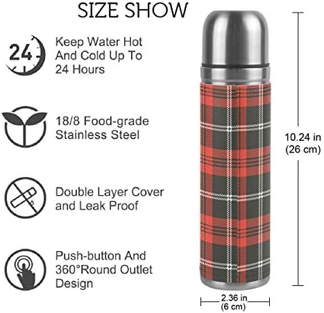 Red Black Plaid Vacuum Thermos Christmas Tartan Check Insulated Water Bottle Stainless Steel Double Wall Flask Bottles, Sports Coffee Travel Mug Cup Genuine Leather Cover BPA Free 17 Oz