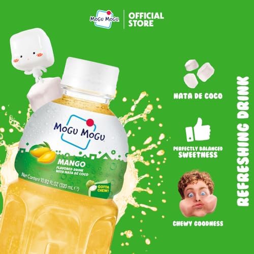 Mogu Mogu Mango Juice Drink with Nata de Coco (Coconut Jelly) – Chewy Fruit Beverage for Kids & Adults, 6 Pack Bottles, 10.82 fl oz Each