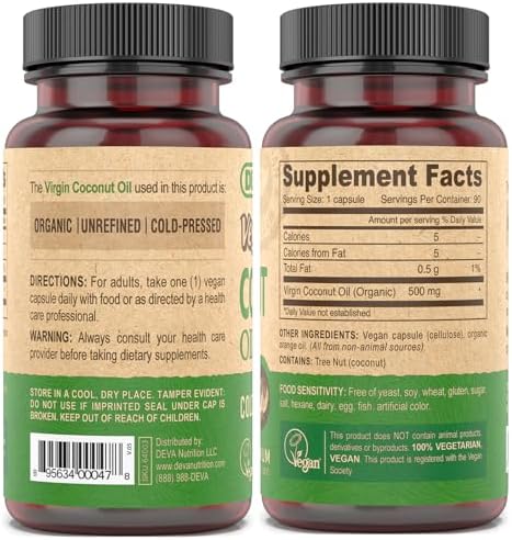 Devan Vegan Coconut Oil Capsules 2-Pack – Organic, Virgin, Cold-Pressed, Unrefined Coconut Oil, 90 Count Ea