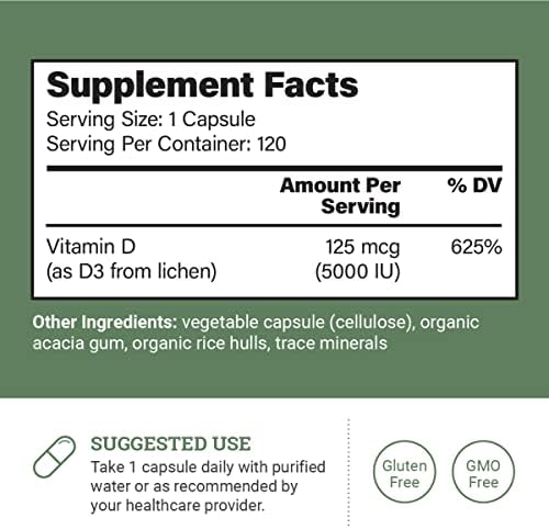 Earth Harmony Naturals Vegan Vitamin D3 5000 iu Supplement - Pure, High Potency Supplements for Immune Health & Strong Bones Support - Vitamin D 5000 iu - 120 Capsules, 4-Month Supply