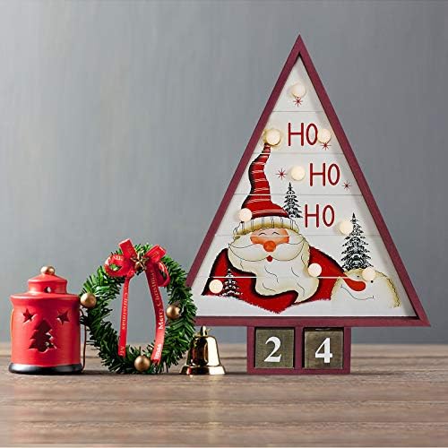 E-view Wooden Advent Countdown Calendar with Lights and 2 Blocks - Days Until Christmas Countdown - Wood Snowman Santa Christmas Tree Tabletop Decoration Rustic Holiday Xmas Decor for Home (Santa)