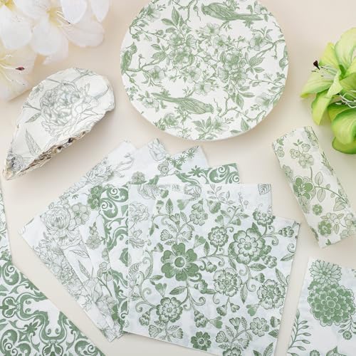 16 Pcs 8 Styles Decoupage Napkins, Sage Green Floral Paper Napkins Chinoiserie Decorative Cocktail Napkin Pretty Printed Cocktail Paper for DIY Crafting Furniture Decor Birthday Party Baby Shower