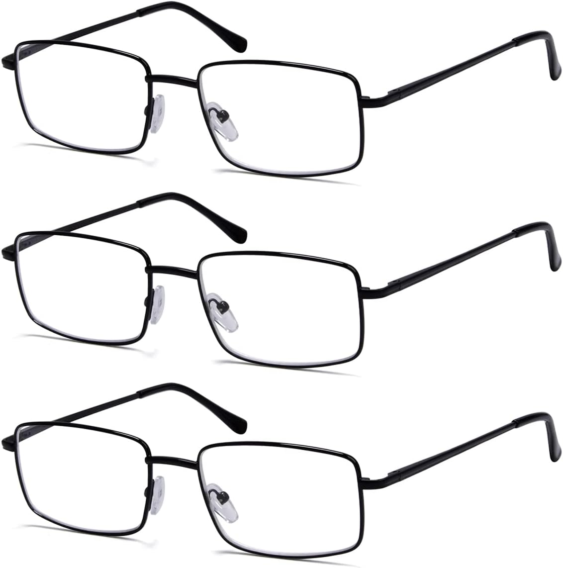 Eyekepper 3-pack Readers Rectangular Spring Temple Large Metal Reading Glasses Men Black +1.5